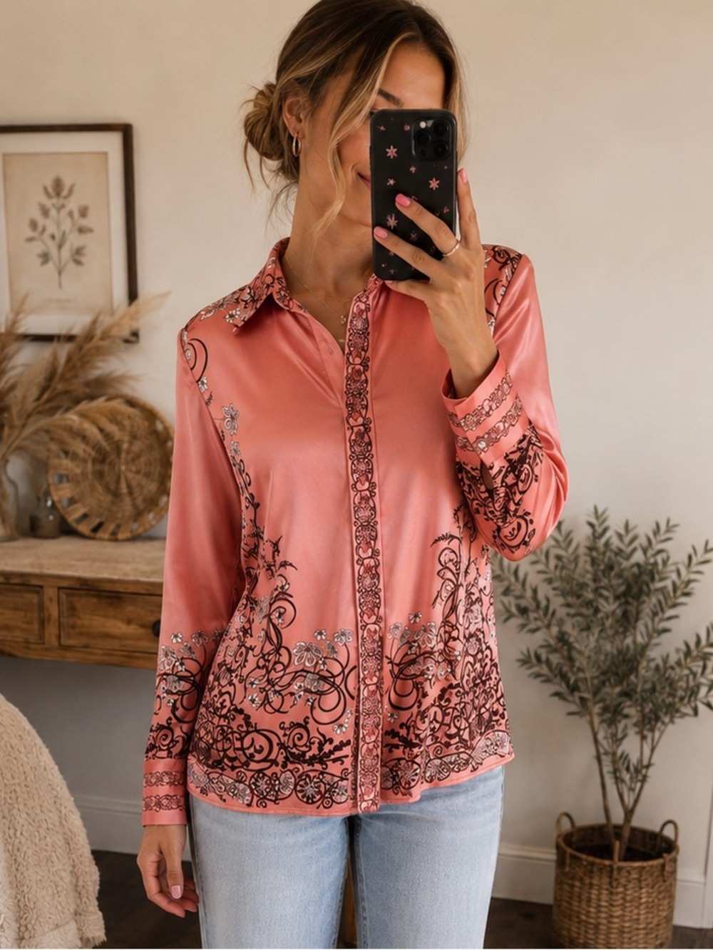 Rachel Zoe Linen Floral Button Down Blouse